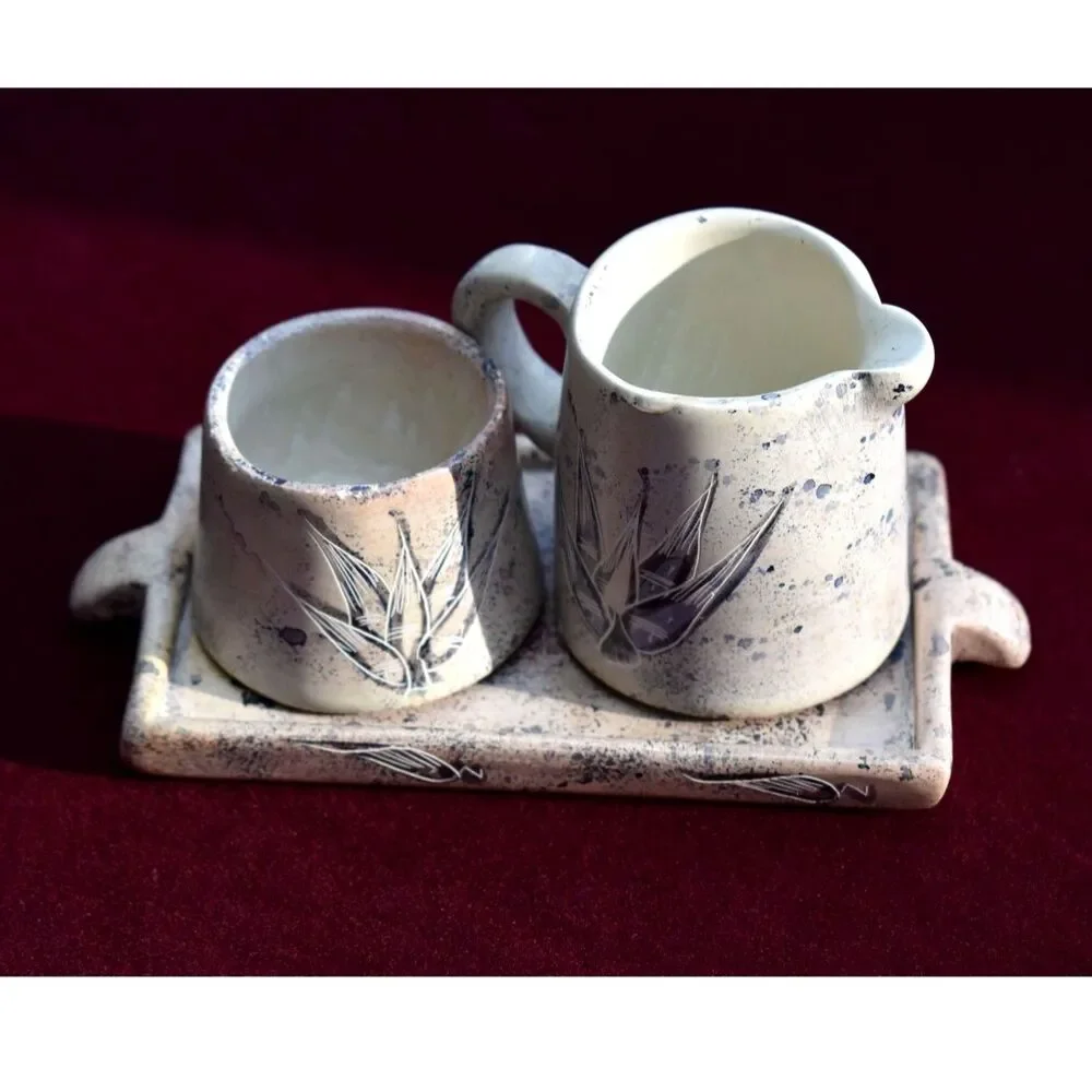 Artisan Stoneware Cream Sugar Tray Set 3 Piece Blue Speckled Wheat Design